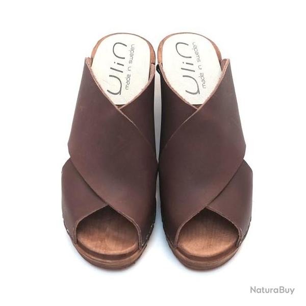 Sandale sabot femme ouverte mule su�doise � talons bois et cuir - Diva 38 brun