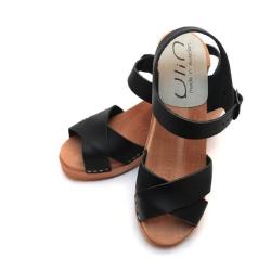 Sandales su&eacute;doises bois cuir tannage v&eacute;g&eacute;tal talon 7 cm Bali 36 noir v&eacute;g