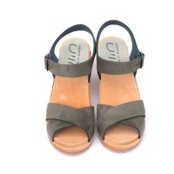 Sandales su&eacute;doises bois cuir tannage v&eacute;g&eacute;tal talon 7 cm Bali 36 vert kaki