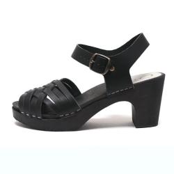Sandale sabot femme su&eacute;doises en cuir tress&eacute; et talon haut bois 36 Cuir Noir v&eacute;g&eacute;tal