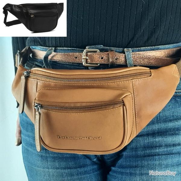 Sac Banane en cuir v�ritable multipoches cognac ou noir cognac