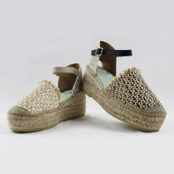 Espadrilles femme compens&eacute;es naturel et noir 37 beige