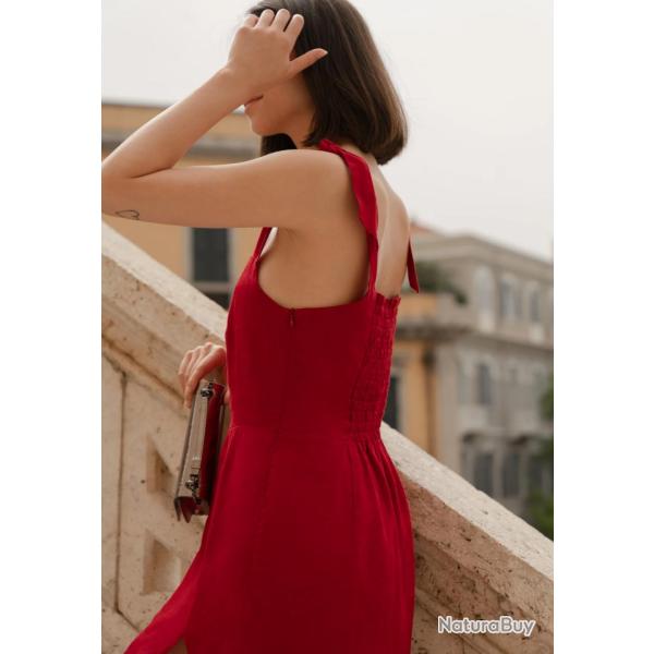 Robe longue dos nu � smocks en lin pour femme XS (extra small) rouge profond