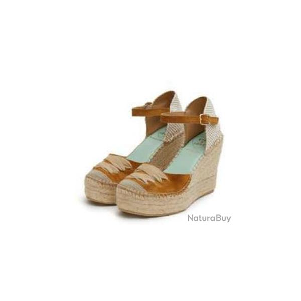 Espadrilles compens�es beige avec bride cheville et lacet d�coratif 37 moka