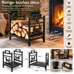 Porte-b&ucirc;ches de chemin&eacute;e en m&eacute;tal noir - 46 cm - Support &agrave; bois avec poign&eacute;es - Motif cerf et sapins