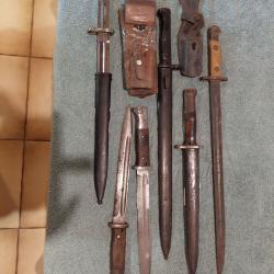 lot de 6 baionnettes divers ..... , 4 x allemandes  , 2 x 303 britich et 2 goussets cuir k 98