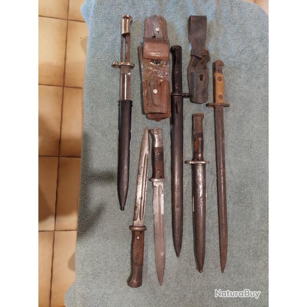 lot de 6 baionnettes divers ..... , 4 x allemandes  , 2 x 303 britich et 2 goussets cuir k 98