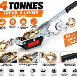 Treuil manuel &agrave; levier 4 tonnes - C&acirc;ble acier haute r&eacute;sistance