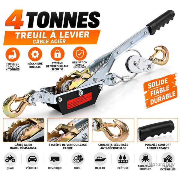 Treuil manuel � levier 4 tonnes - C�ble acier haute r�sistance