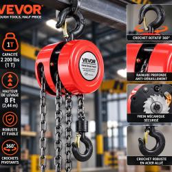 Palan manuel &agrave; cha&icirc;ne VEVOR 1 tonne - Levage 2,44 m