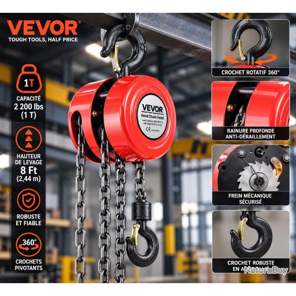 Palan manuel � cha�ne VEVOR 1 tonne - Levage 2,44 m