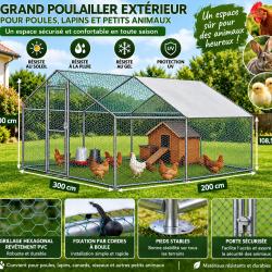 Grand poulailler ext&eacute;rieur 300 &times; 200 cm - Enclos s&eacute;curis&eacute; avec toit de protection