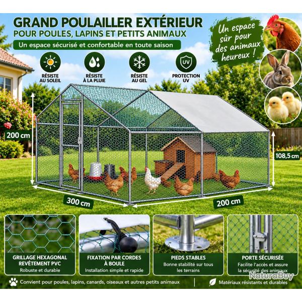 Grand poulailler ext�rieur 300 � 200 cm - Enclos s�curis� avec toit de protection