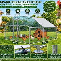 Grand poulailler ext&eacute;rieur 300 &times; 300 cm - Enclos s&eacute;curis&eacute; avec toit de protection