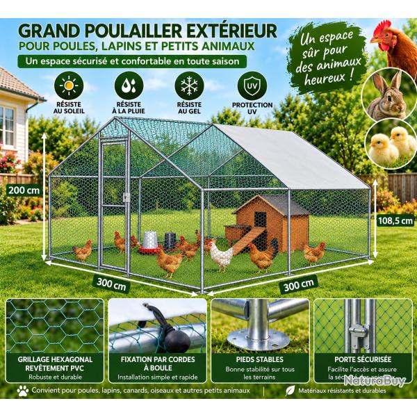 Grand poulailler ext�rieur 300 � 300 cm - Enclos s�curis� avec toit de protection