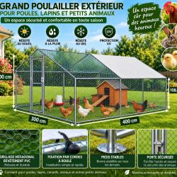 Grand poulailler ext&eacute;rieur 300 &times; 400 cm - Enclos s&eacute;curis&eacute; avec toit de protection