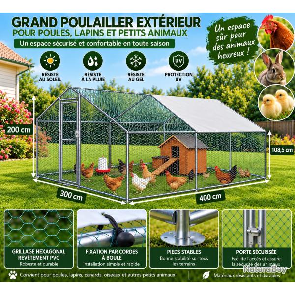 Grand poulailler ext�rieur 300 � 400 cm - Enclos s�curis� avec toit de protection