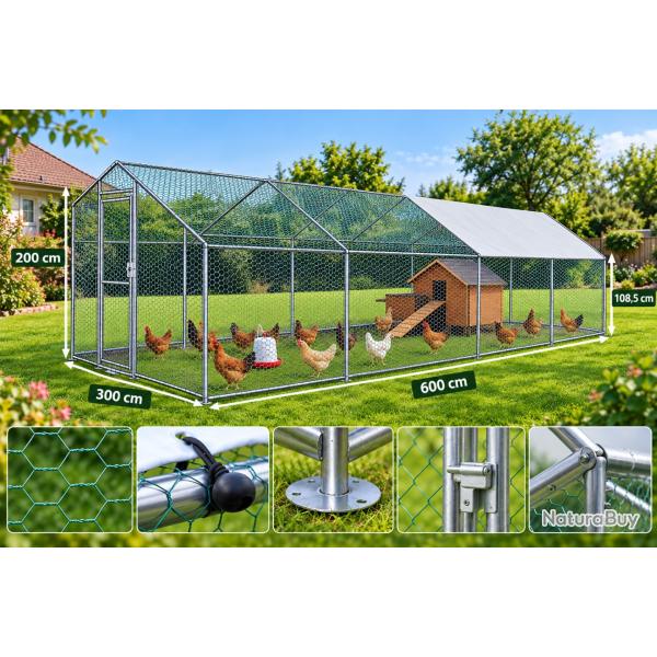Grand poulailler ext�rieur 300 � 600 cm - Enclos s�curis� avec toit de protection