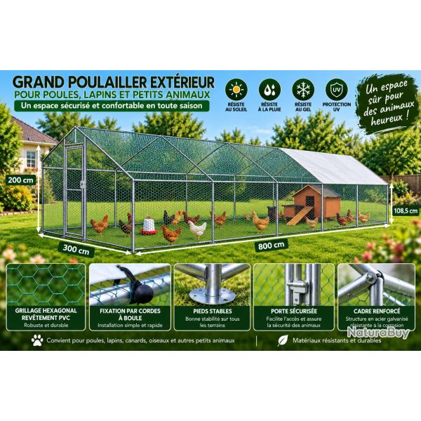 Grand poulailler ext�rieur 300 � 800 cm - Enclos s�curis� avec toit de protection