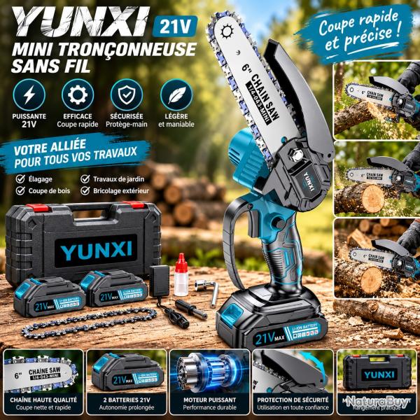 Mini tron�onneuse sans fil YUNXI 21V - Guide 6 pouces avec 2 batteries et mallette