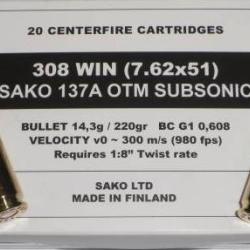 CARTOUCHES SAKO MILITAIRE .308WIN 7.62X51 220GR SUBS 137AW OTM BTE20