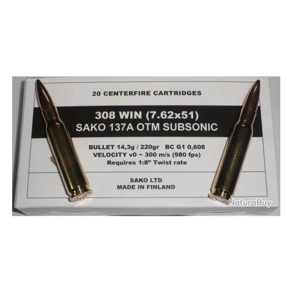 CARTOUCHES SAKO MILITAIRE .308WIN 7.62X51 220GR SUBS 137AW OTM BTE20