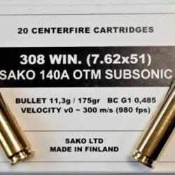 CARTOUCHES SAKO MILITAIRE .308WIN 7.62X51 175GR SUBS 140AW OTM BTE20