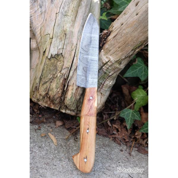 Couteau De Cuisine Santoku Lame Acier Damas 256 Couches Manche Bois Olivier Fab Artisanale