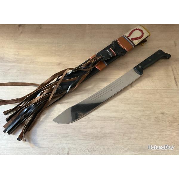 Grande Machette Coupe-Coupe Ancienne Lame 41 cm Manche Noir Fourreau Cuir