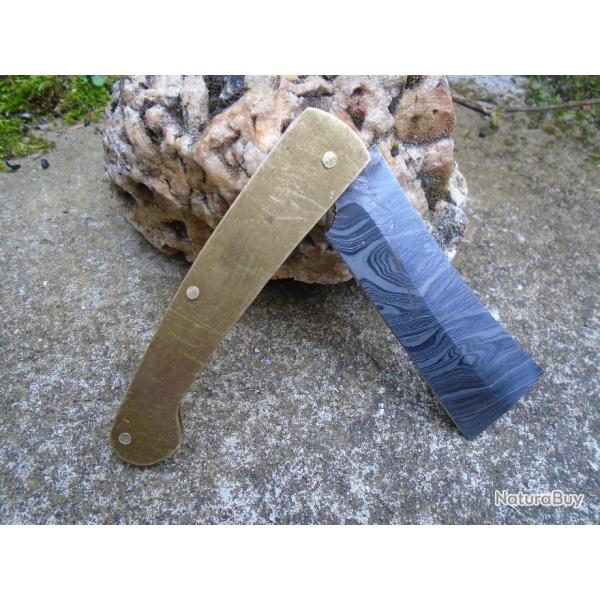 Couteau Pliant � Customiser Le Manche Lame Acier Damas 128 Couches Butcher Cran Forc� Manche Laiton
