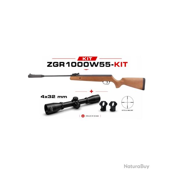 Carabine � air comprim� Snowpeak GR1000W Bois cal. 5,50 mm + Lunette 4x32 mm 19,9 joules.