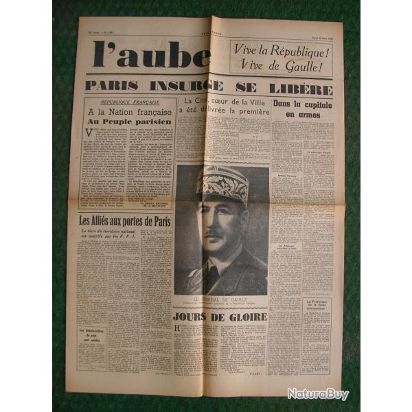 WW2 FRANCE JOURNAL FRANCAIS " L'AUBE 22 AOUT 1944 ' �POQUE LIB�RATION DE PARIS (39-45)