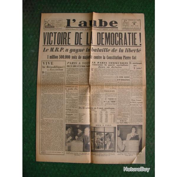 WW2 FRANCE JOURNAL FRANCAIS " L'AUBE 6 MAI 1946 ' �POQUE ARMISTICE A+1 (39-45)