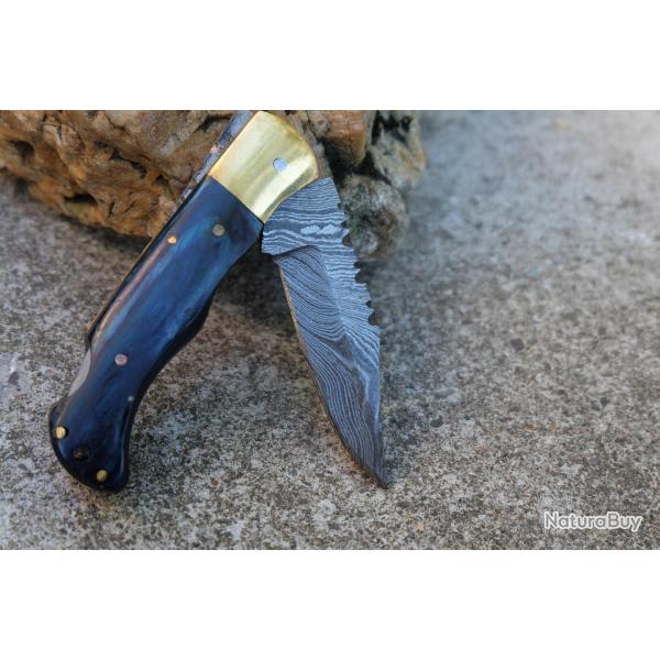 Couteau Lame Damas 128 Couches Manche Bois Atlantide/Laiton Fa�on Buck 112 Fab Artisanale Lockback01