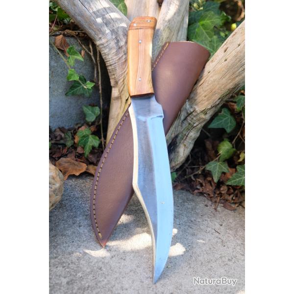 Couteau Poignard David Crockett Chasse Lame Acier Carbone 1075 Manche Bois Etui Cuir Fabr Artisanale