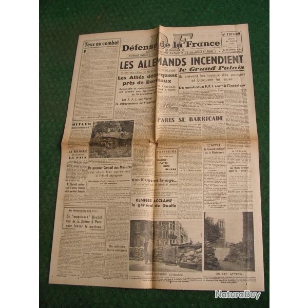 WW2 FRANCE JOURNAL FRANCAIS" D.F. D�FENSE DE LA FRANCE 24 AOUT 1944 �POQUE LIB�RATION DE PARIS 39-45