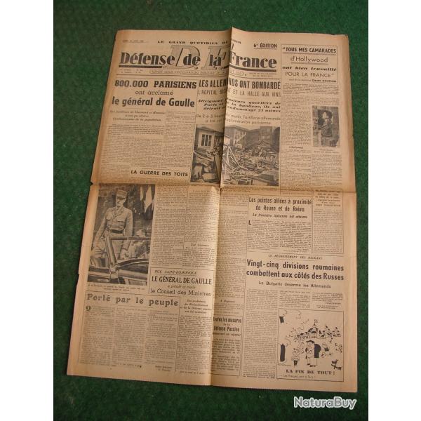 WW2 FRANCE JOURNAL FRANCAIS" D.F. D�FENSE DE LA FRANCE 28 AOUT 1944 �POQUE LIB�RATION DE PARIS 39-45