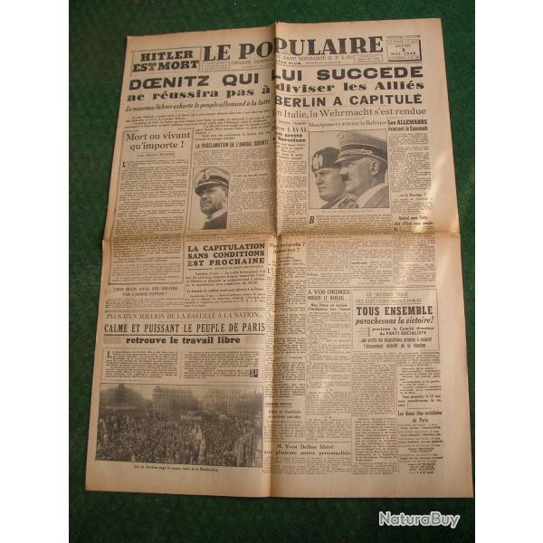WW2 FRANCE JOURNAL FRANCAIS" LE POPULAIRE 3 MAI 1945 " �POQUE ARMISTICE J-5  39-45