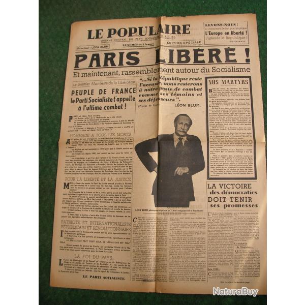 WW2 FRANCE JOURNAL FRANCAIS" LE POPULAIRE �DITION SP�CIALE  " �POQUE ARMISTICE 39-45