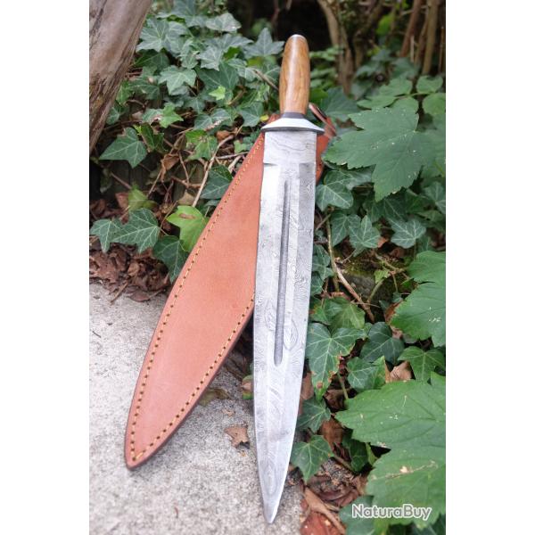 Glaive Gaulois Lame Acier Damas 512 Couches Manche Bois Etui Cuir Fricat Artisanale Lame Forg�e