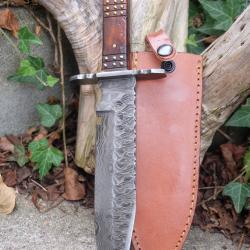 Couteau de Trappeur Bowie David Crocket Lame Acier Damas 256 Couches Manche Bois Clout&eacute; Etui Cuir
