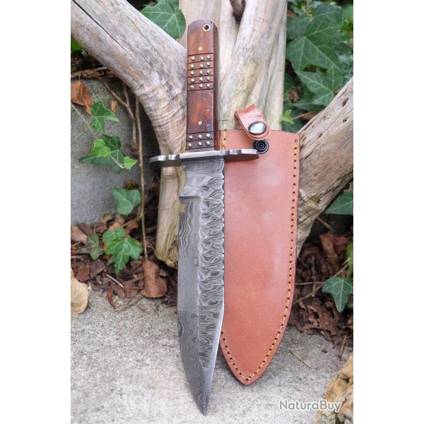 Couteau de Trappeur Bowie David Crocket Lame Acier Damas 256 Couches Manche Bois Clout� Etui Cuir