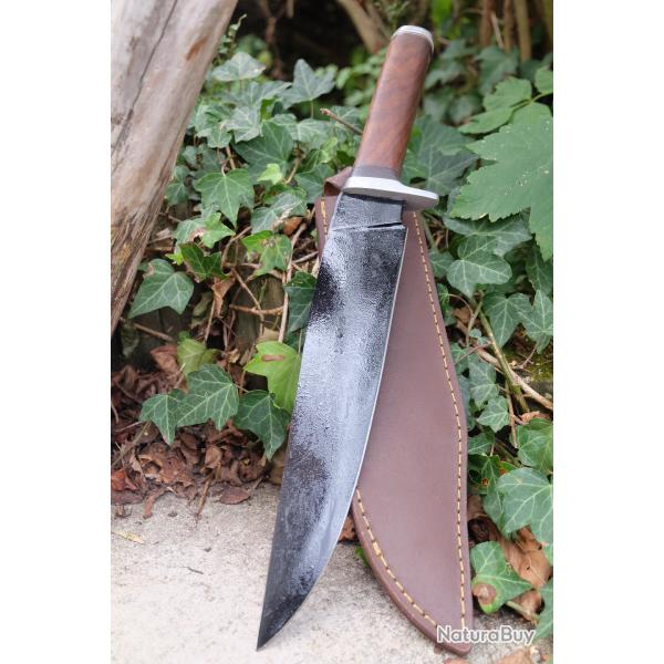 Gros Bowie Couteau de Chasse Bowie Classic Lame Acier 1055 Blk Manche Bois Etui Cuir Fab Artisan