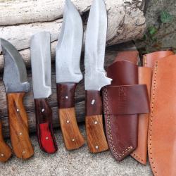 Lot de 5 Couteau Skinner Lame Acier Carbone 1055 Manche Bois Etui Cuir Fabric Artisanale