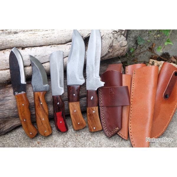 Lot de 5 Couteau Skinner Lame Acier Carbone 1055 Manche Bois Etui Cuir Fabric Artisanale