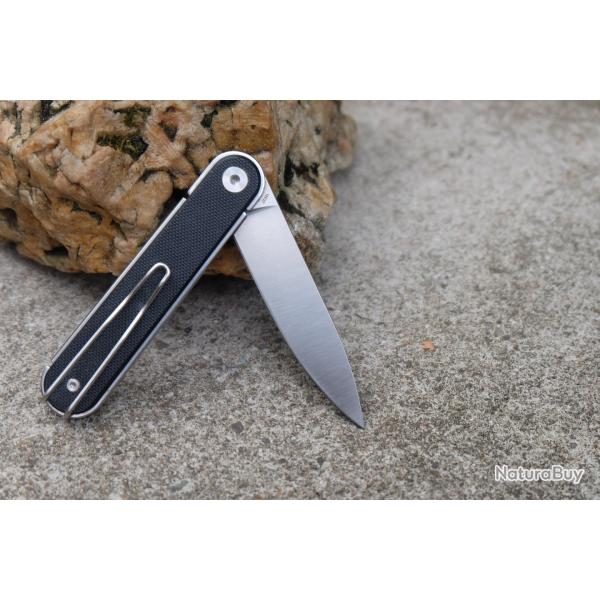 Couteau Real Steel Iris Drop Point Lame Acier 12C27 Manche Plaquettes G10 Noir Liner Lock RS8061BB