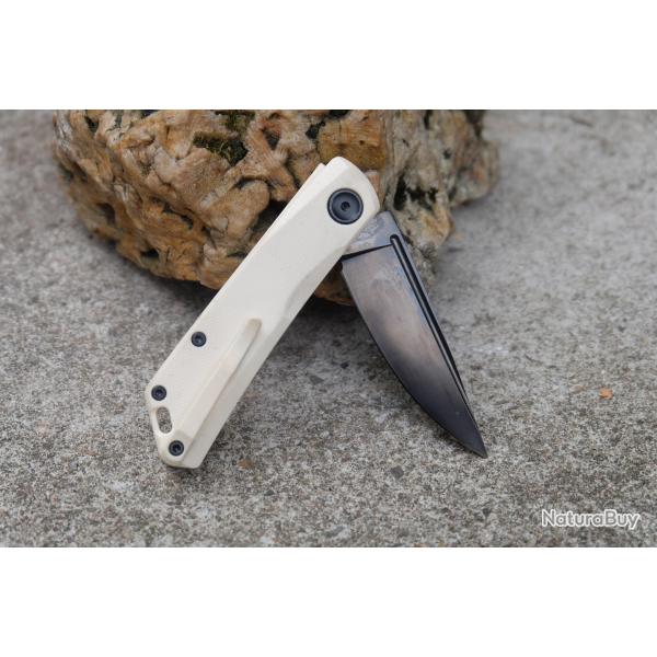 Couteau Real Steel Luna Lux Lame Acier K110 DLC Noir Drop Point Manche G10 Ivoire Slipjoint Clip