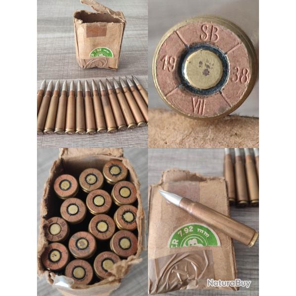 Rare bo�te allemande de 14 cartouches 7,92mm Mauser SB VII dat�e 1938 ogive nickel�e