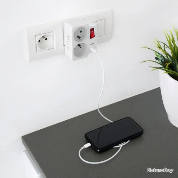 Multiprise Murale Duo USB avec 2 Prises Secteur - Charge Rapide et S�curis�e