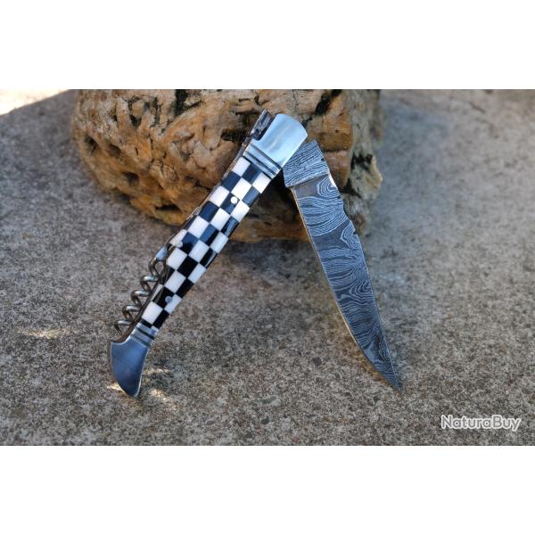 Couteau Damas Lame 128 couches Fa�on Laguiole "Le Damier" T-Bouchons Fabrication Artisanale